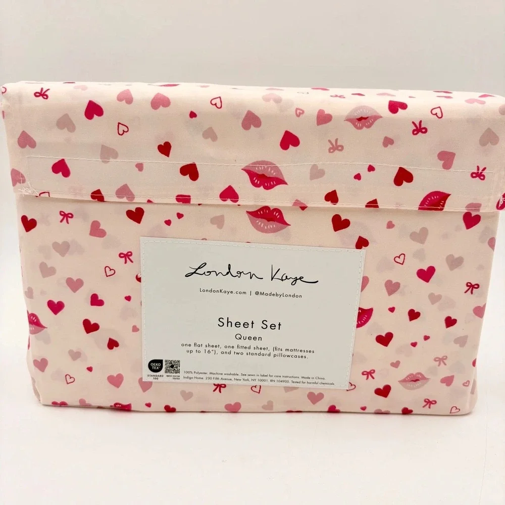 London Kaye Queen Sheet Set Pink Red Hearts Lips Bows 4 Piece Romantic Bedding